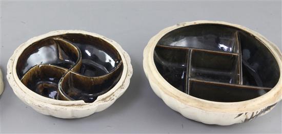 A Chinese Shiwan pottery model & two porcelain boxes